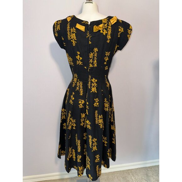 Vtg 60s Smartcraft Asian Inspired Dress Black Gold Textured Cotton Pinup Size 14 - Picture 5 of 8